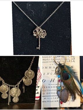 Lot of 3 necklaces Silver Key & Rose Charm Necklace with Mixed Charms. 3